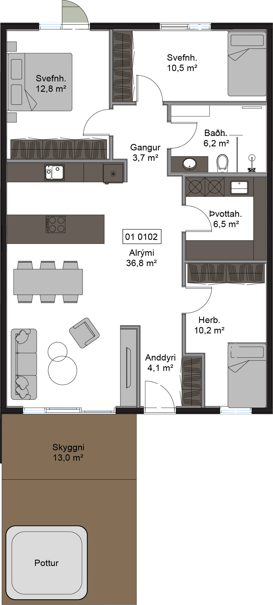 Grunnmynd – Hús 01 0102, með merktum rýmum