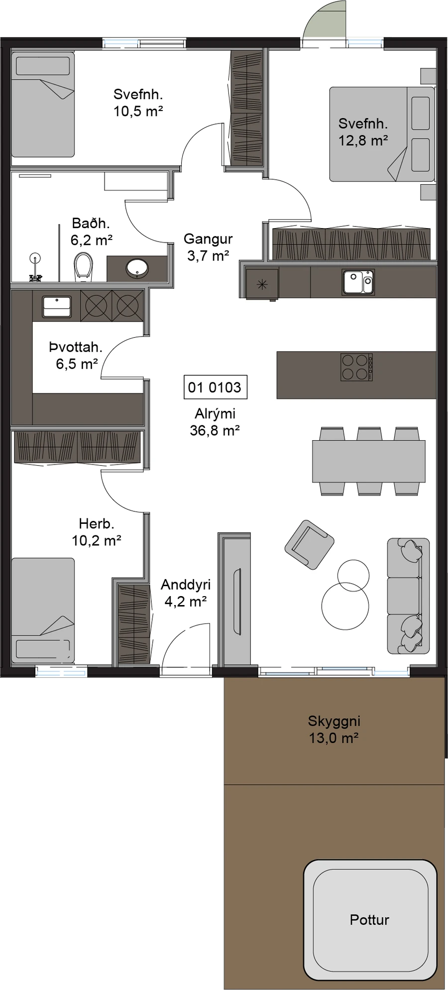 Grunnmynd – Hús 01 0103, með merktum rýmum