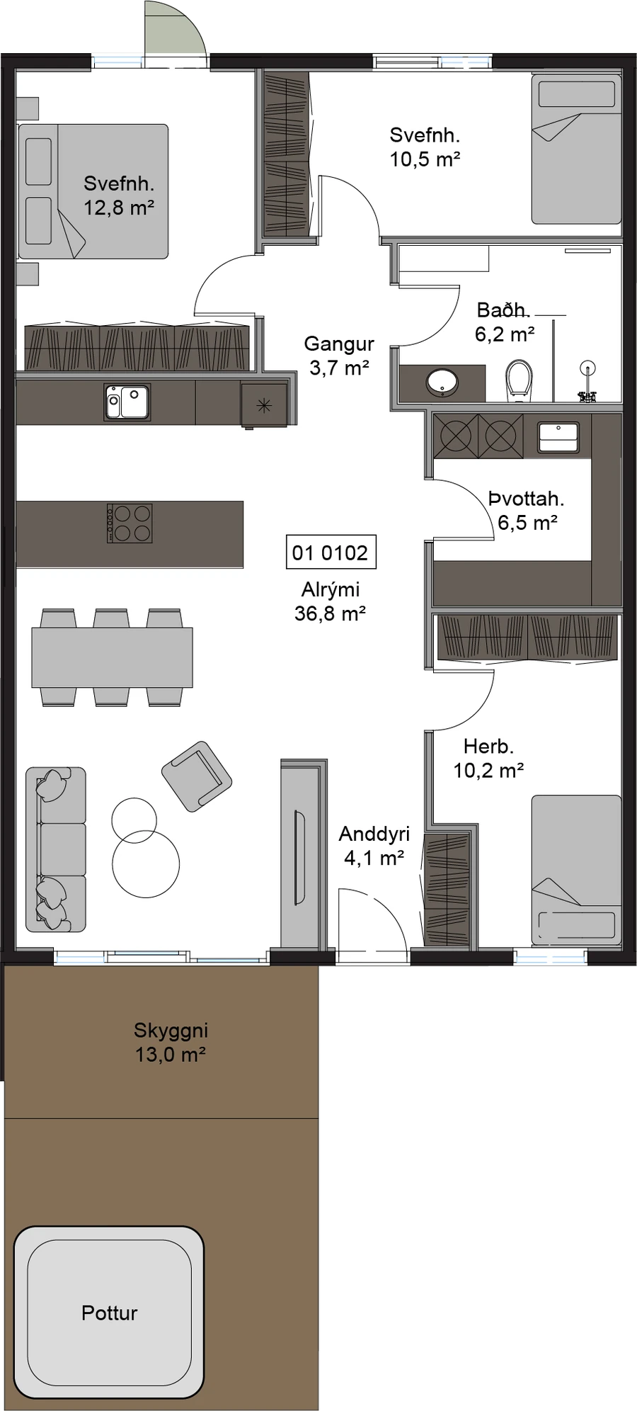 Grunnmynd – Hús 01 0102, með merktum rýmum