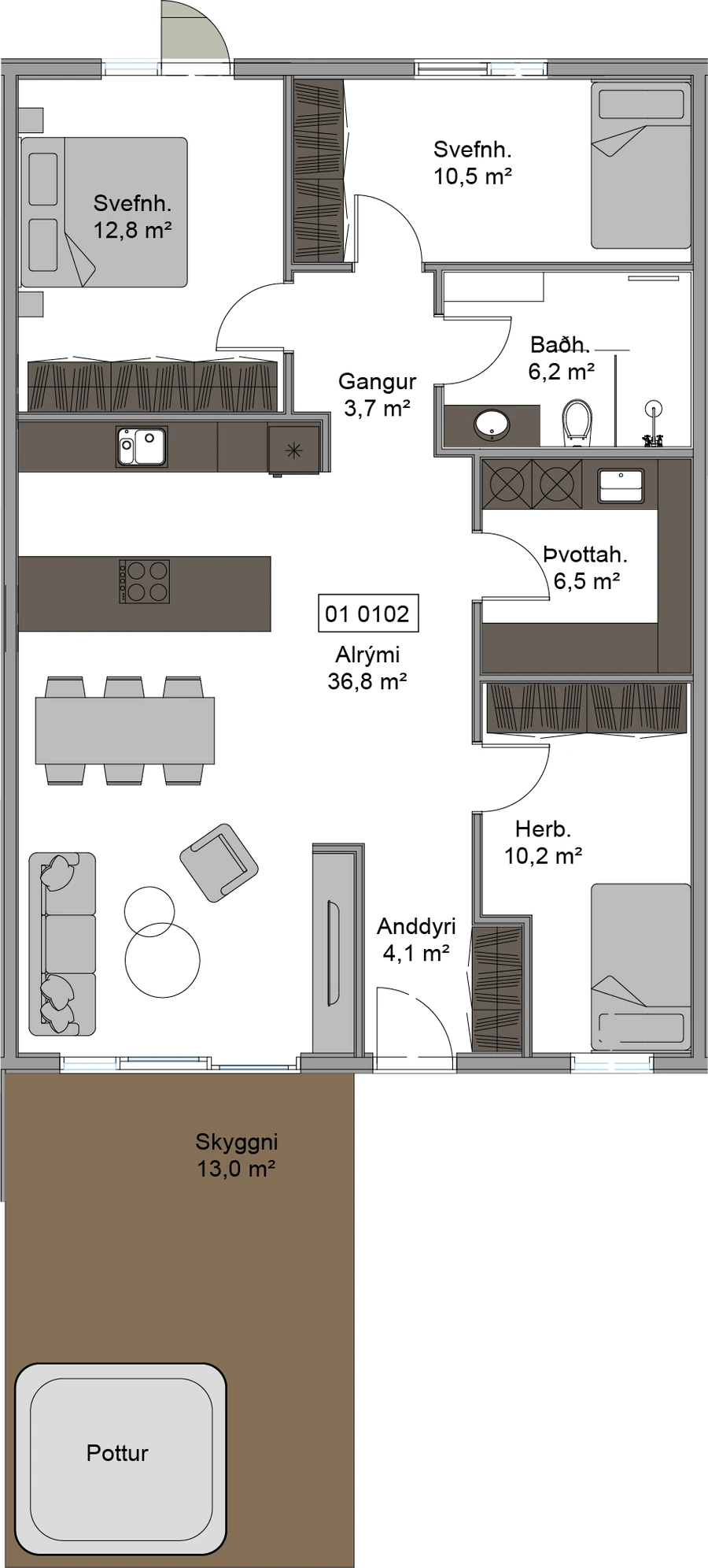 Grunnmynd – Hús 01 0102, með merktum rýmum